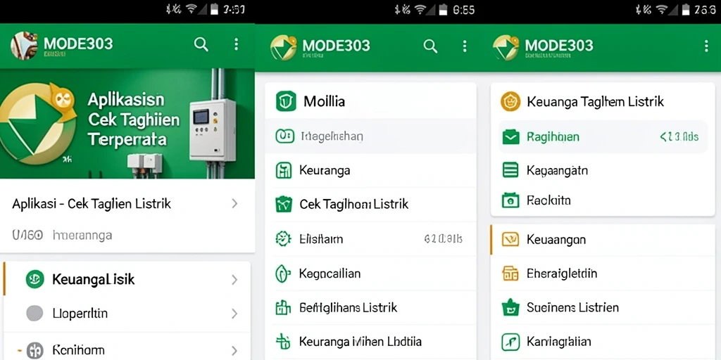 Tampilan antarmuka aplikasi MODE303 untuk cek tagihan listrik.